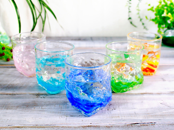 蛍石入り琉球ガラス「海蛍三角グラス/ピンク入り2個ペアセット 」